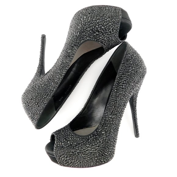 GUCCI Black Crystal Encrusted Open Toe Pumps 36.5 - Picture 5 of 10